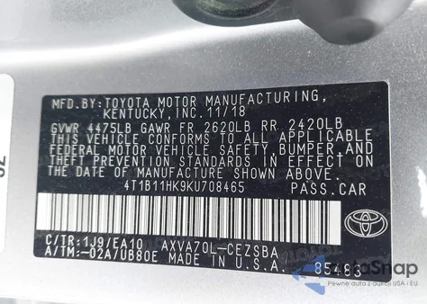 2019 Toyota Camry Se from USA, damaged, VIN 4T1B11HK9KU708465